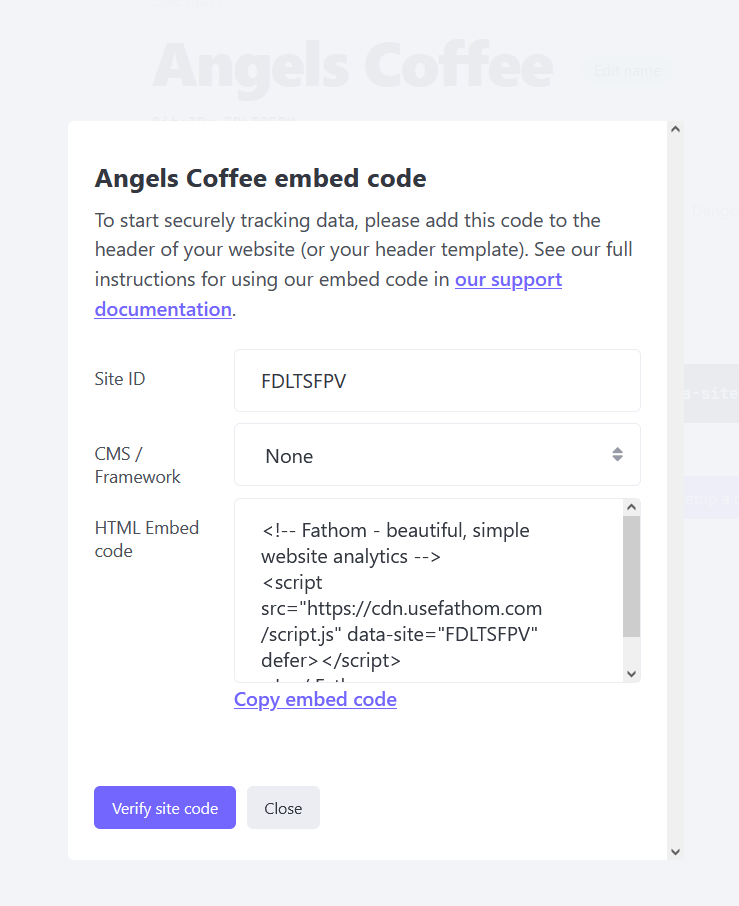 Adding your website details in Fathom